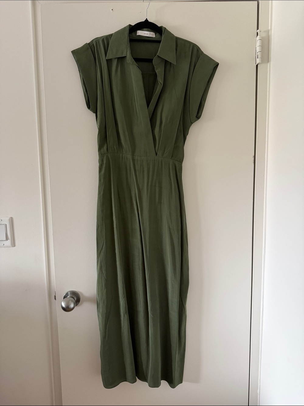 Mango Olive Green Maxi Dress with V-Neck Collar